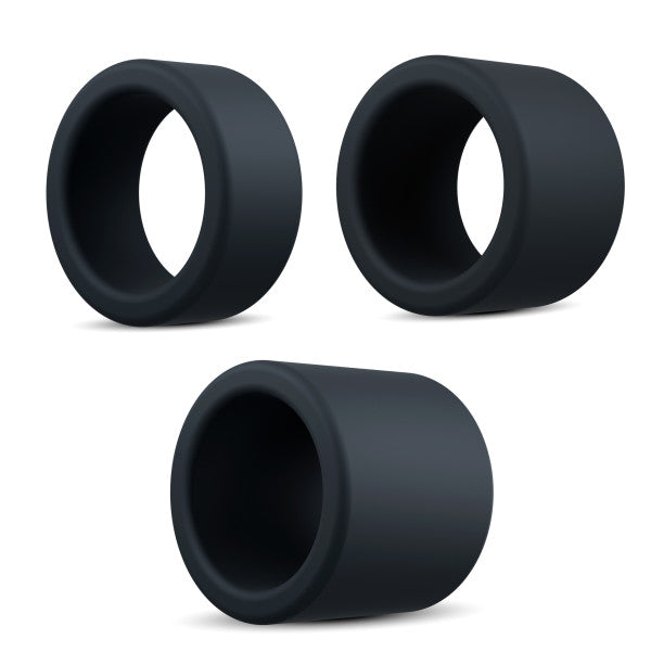 Three black silicone cock rings of varying sizes.