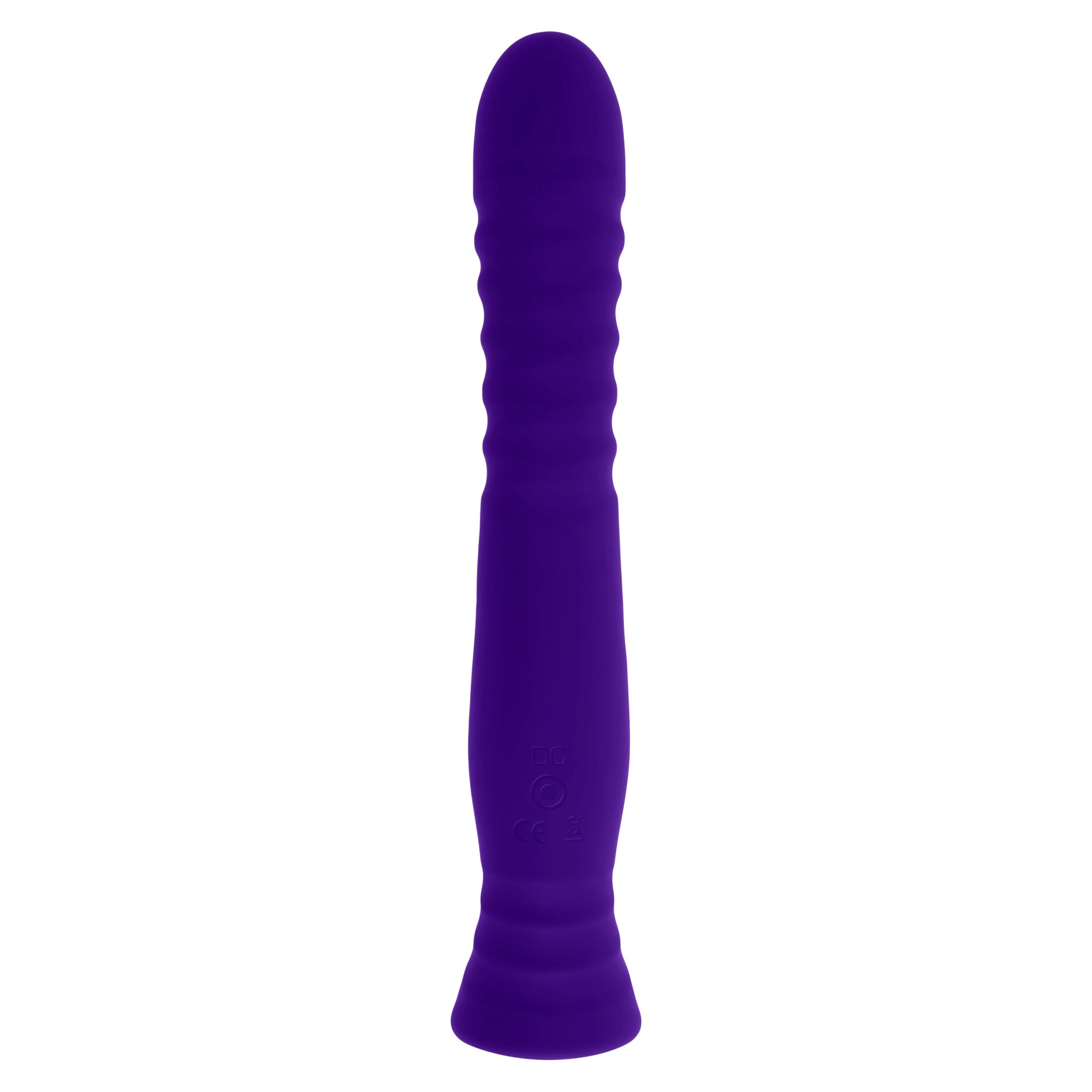 A purple textured silicone vibrator with a rounded tip and a flared base.