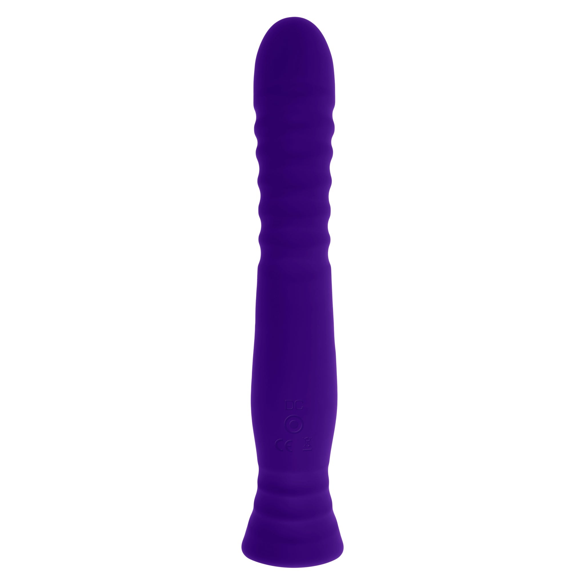 A purple textured silicone vibrator with a rounded tip and a flared base.