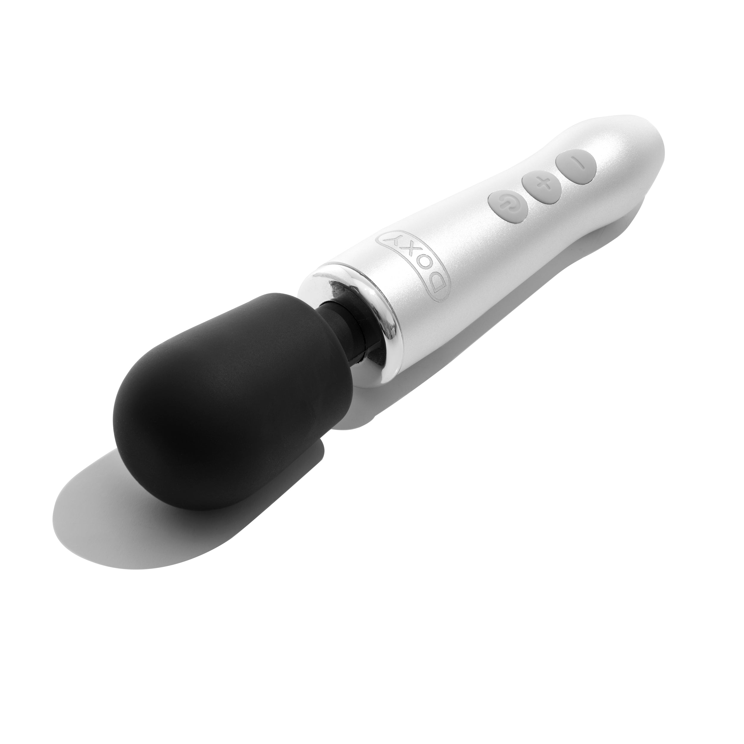 A silver wand massager with a black head and control buttons.