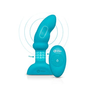 Turquoise remote-controlled silicone P-spot plug with textured shaft.