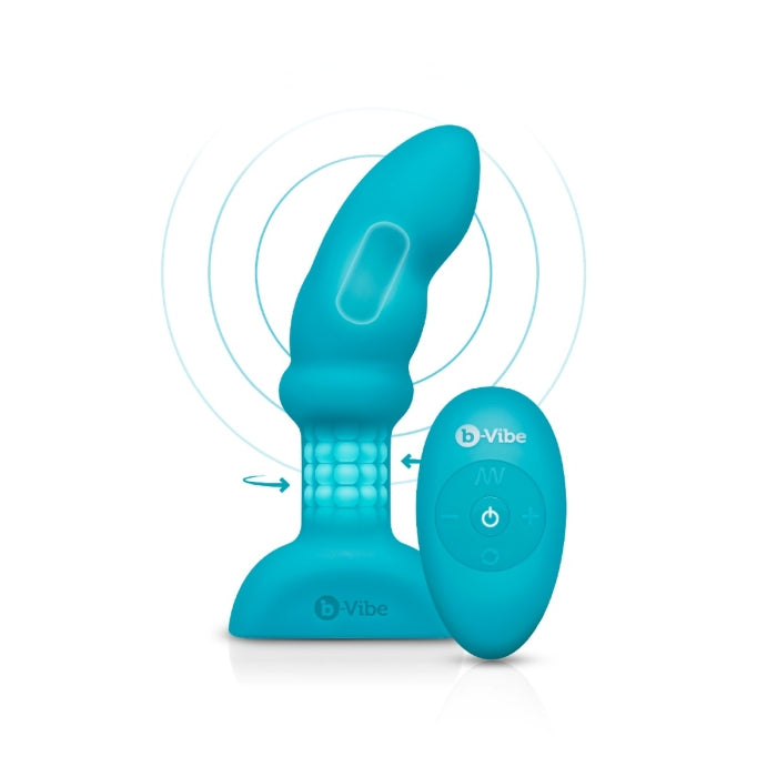 Turquoise remote-controlled silicone P-spot plug with textured shaft.