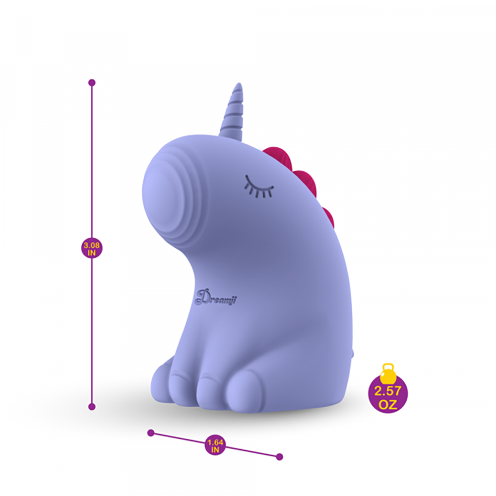 A purple unicorn vibrator with pink accents, measuring 3.08 inches tall and 1.64 inches wide, weighing 2.57 ounces.
