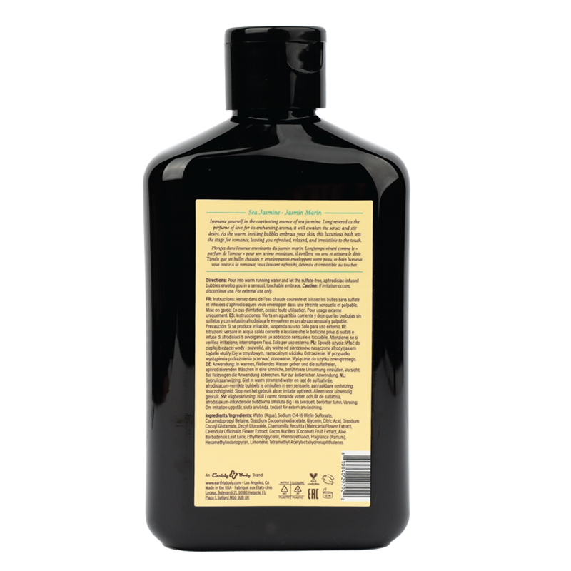 Sea Jasmine Bubble Bath with hemp seed oil in a black bottle.