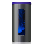 A gray cylindrical male massager with a blue illuminated window and a purple top.