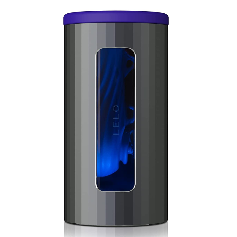 A gray cylindrical male massager with a blue illuminated window and a purple top.