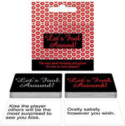 Let's Fool Around card game with red lips pattern and example cards.