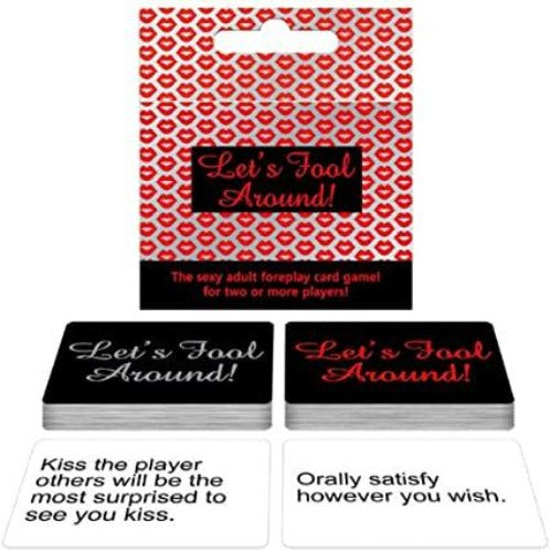 Let's Fool Around card game with red lips pattern and example cards.