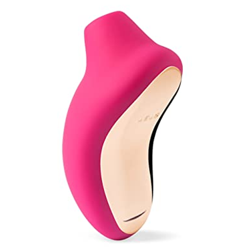 Pink and gold clitoral massager with a curved shape.