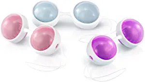 Six weighted pelvic floor training beads in pink, purple, and blue.