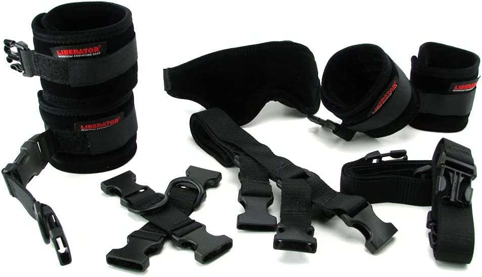 Black microfiber cuffs and straps with buckles for restraint.