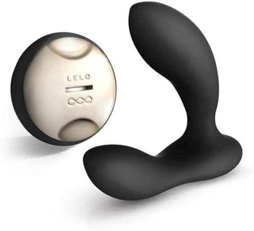 Black LELO Hugo remote-controlled prostate massager with a gold accent.