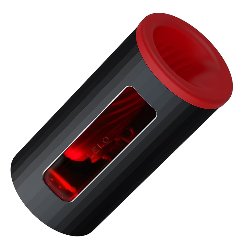 App-controlled sonic male massager in black with red accents and interior.