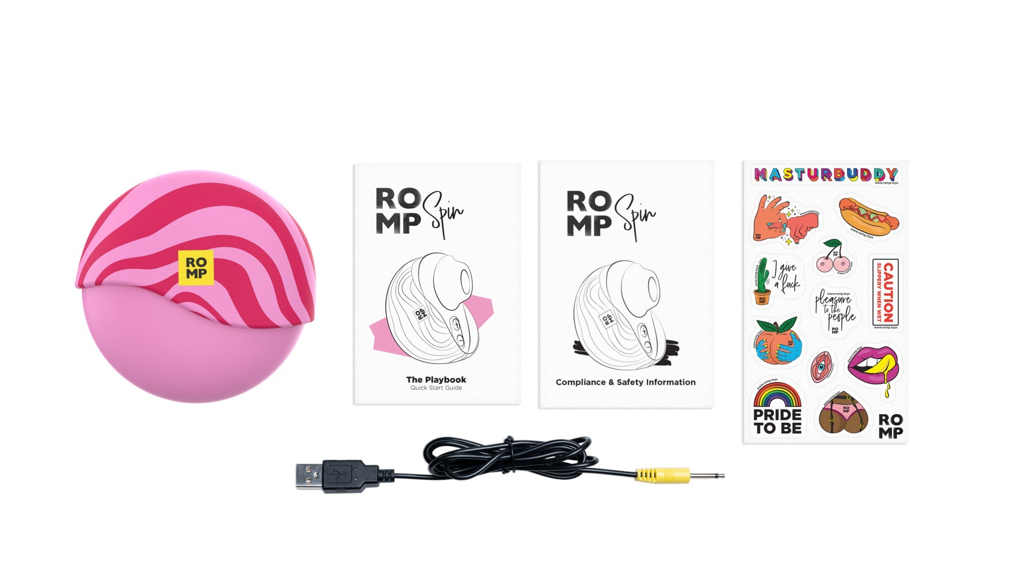 A pink and red striped suction toy with two instruction booklets, a sticker sheet, and a USB charging cable.