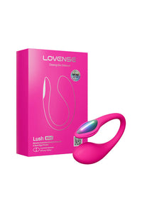 Pink Lovense Lush Mini app-controlled vibrator with a curved shape and LED light.