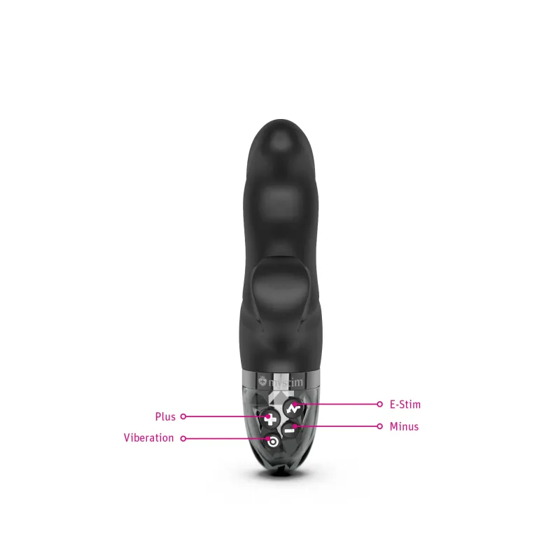 Black silicone dual stimulator vibrator with E-Stim and vibration controls.