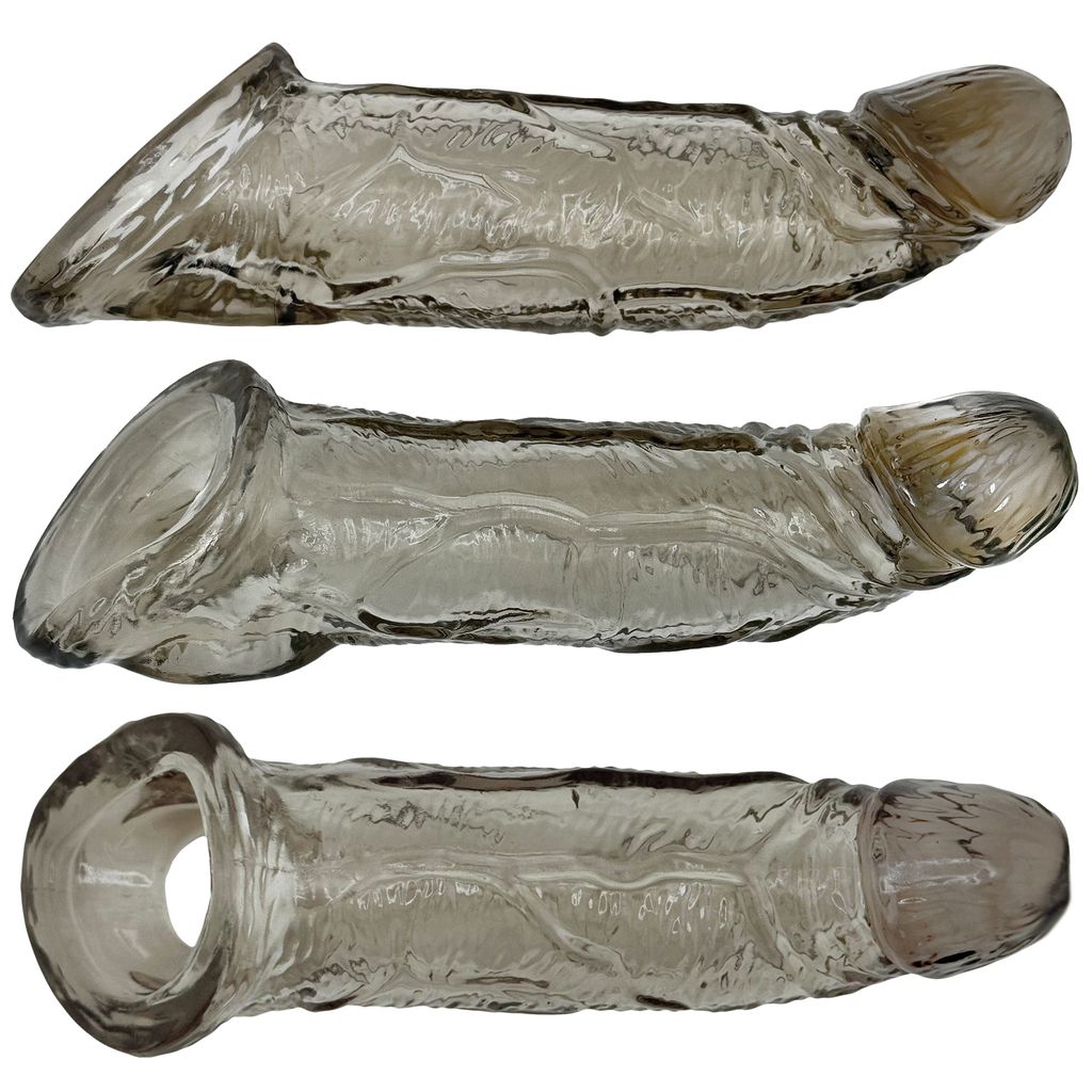 Three views of a translucent, textured, penis-shaped glass object.