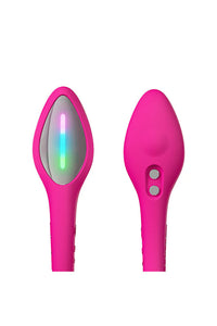 Pink app-controlled vibrator with a rainbow light strip and two silver buttons.