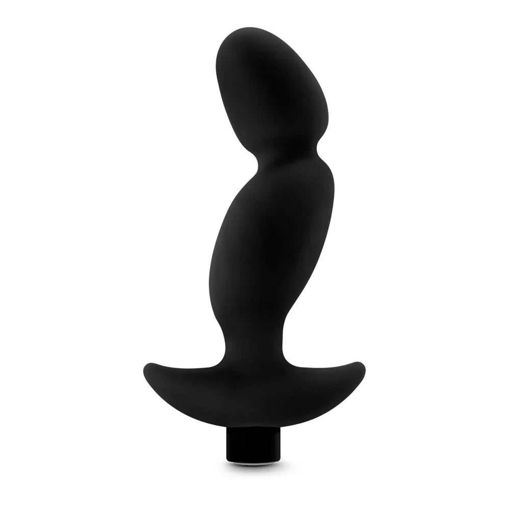 Black silicone prostate massager with a flared base.