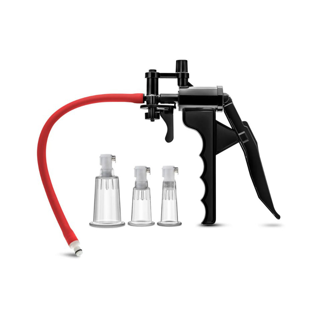 Clitoris and nipple enhancement pump system with three clear cylinders and a red hose.