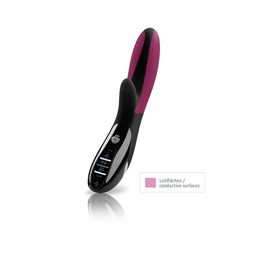 Black and pink silicone vibrator with control buttons and a conductive surfaces label.