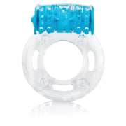 Blue vibrating cock ring with clitoral stimulator.