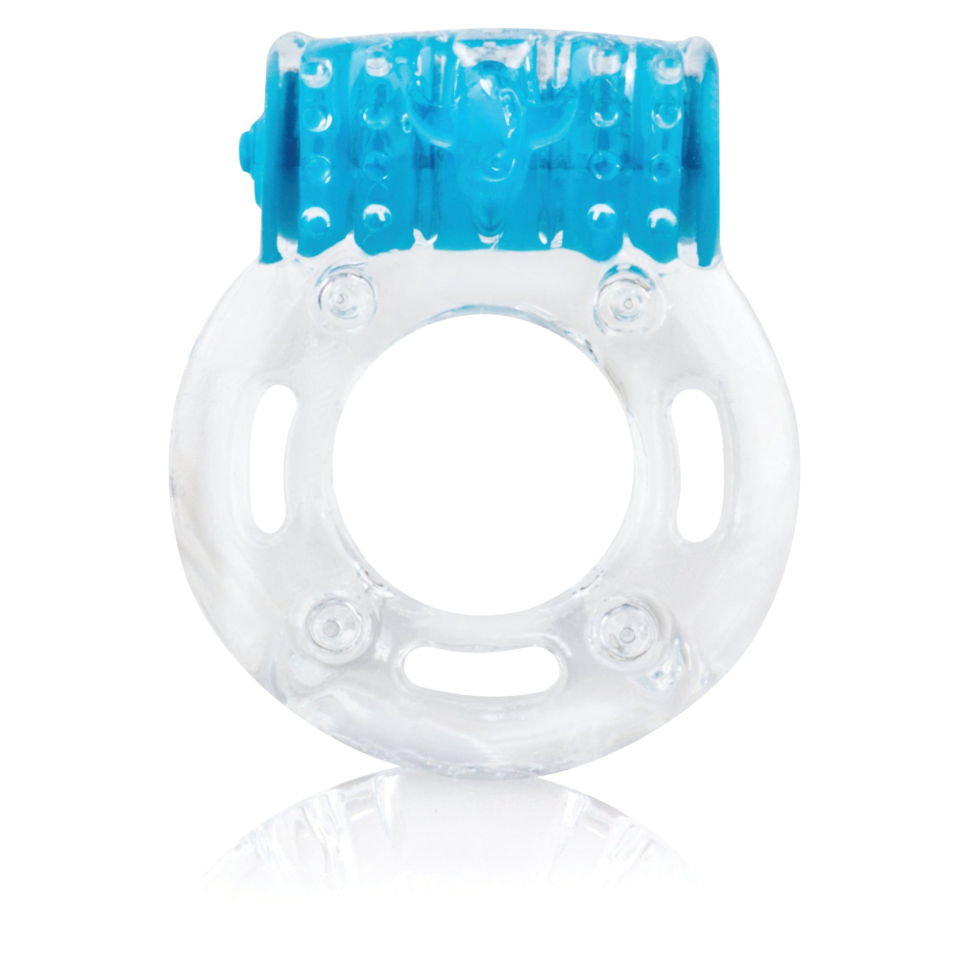 Blue vibrating cock ring with clitoral stimulator.