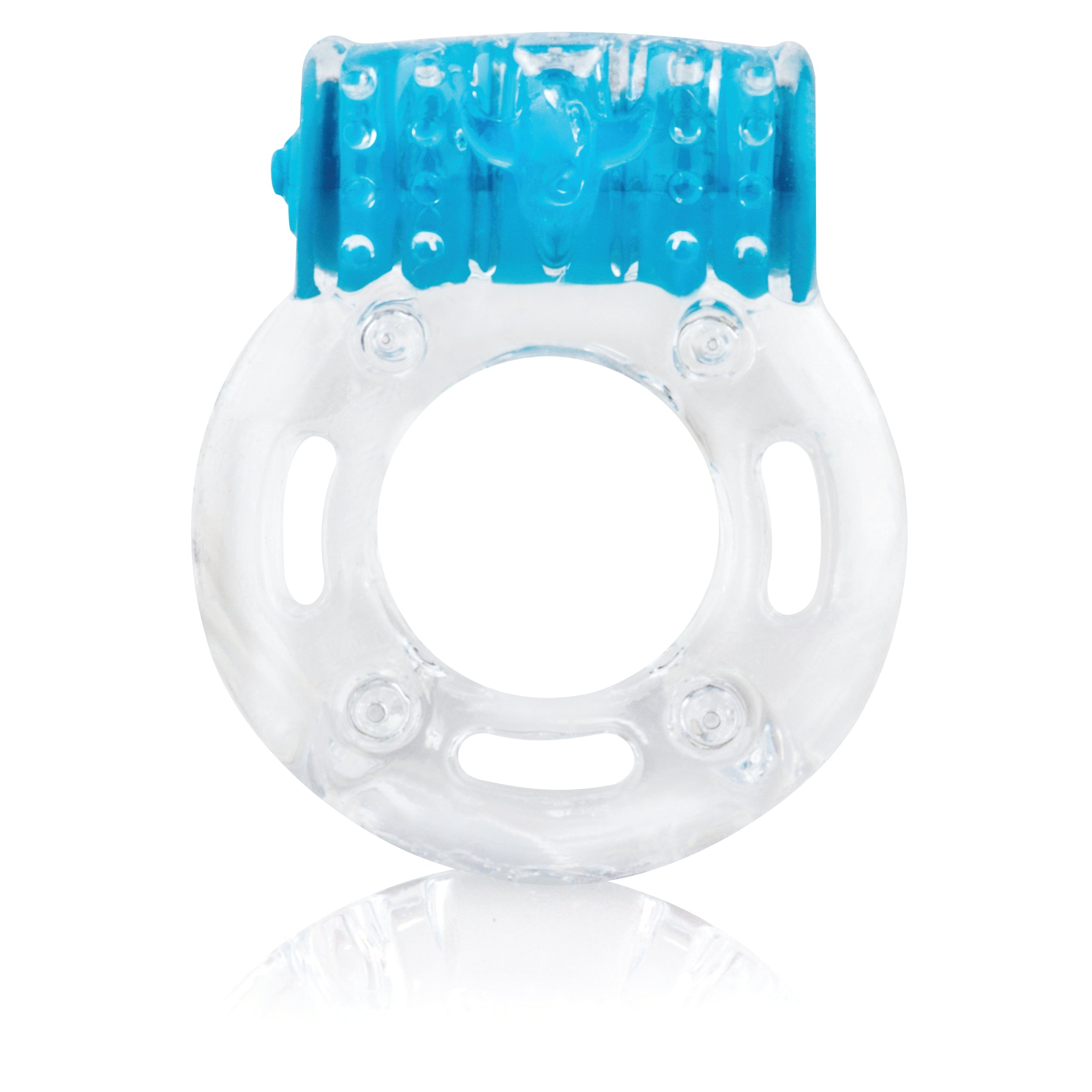 Blue vibrating cock ring with clitoral stimulator.