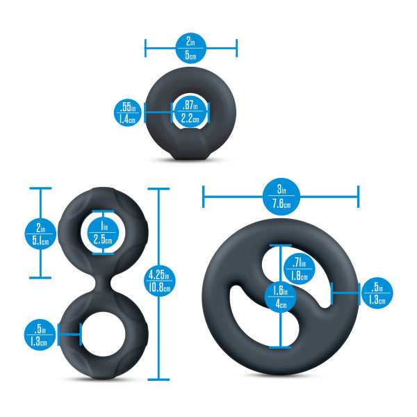 Three dark grey silicone rings of varying sizes and shapes with measurement callouts.