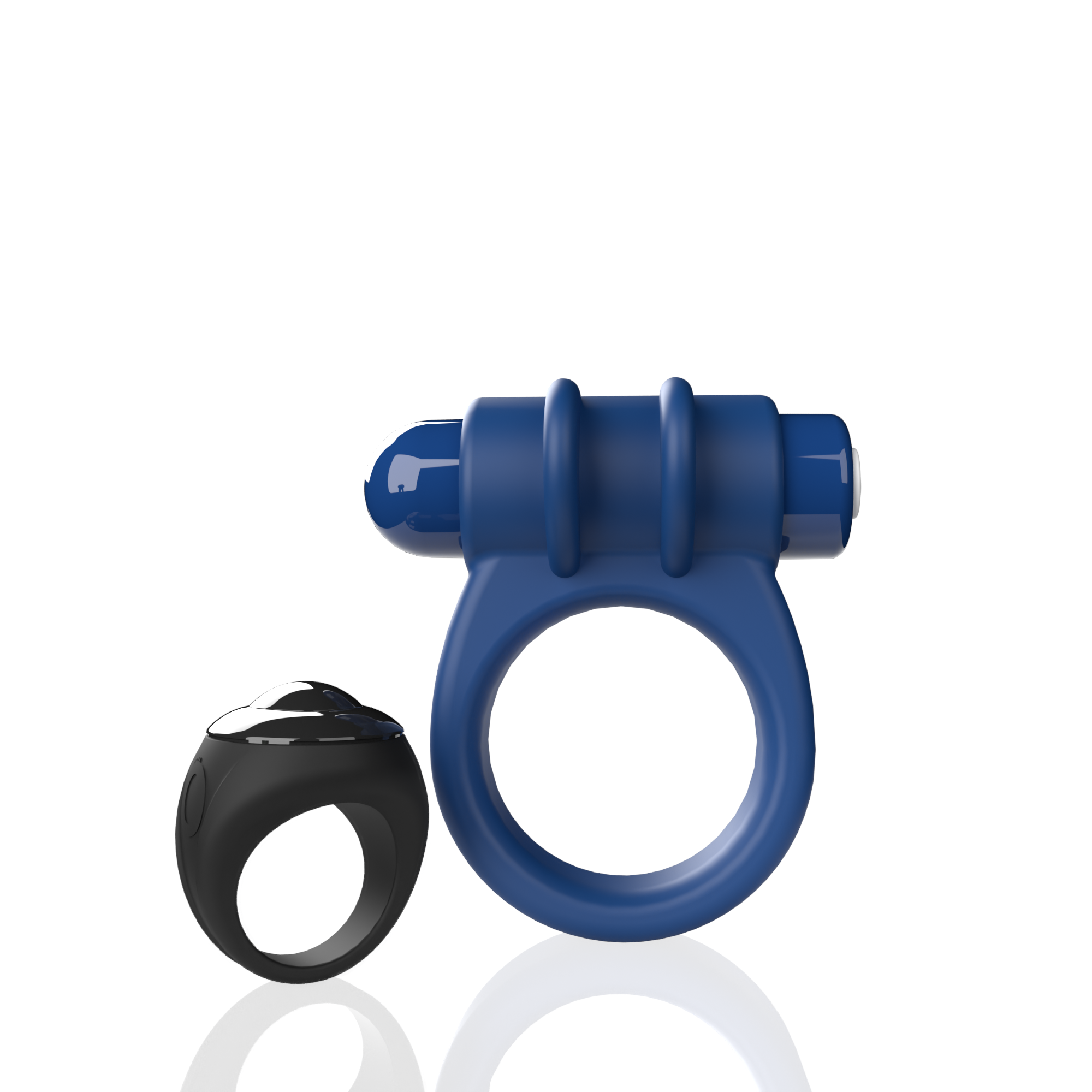 A blue vibrating cock ring with a black remote control.