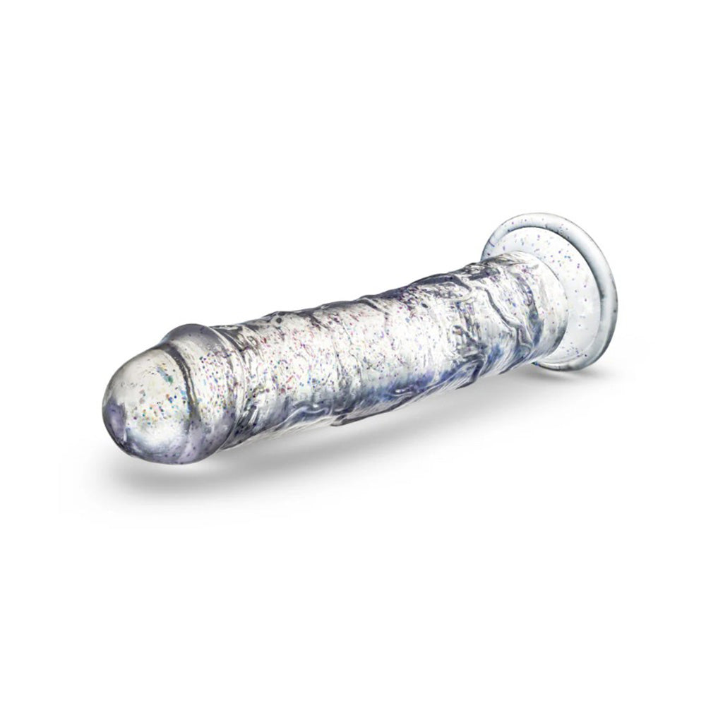 Clear 7-inch dildo with glitter and a suction cup base.