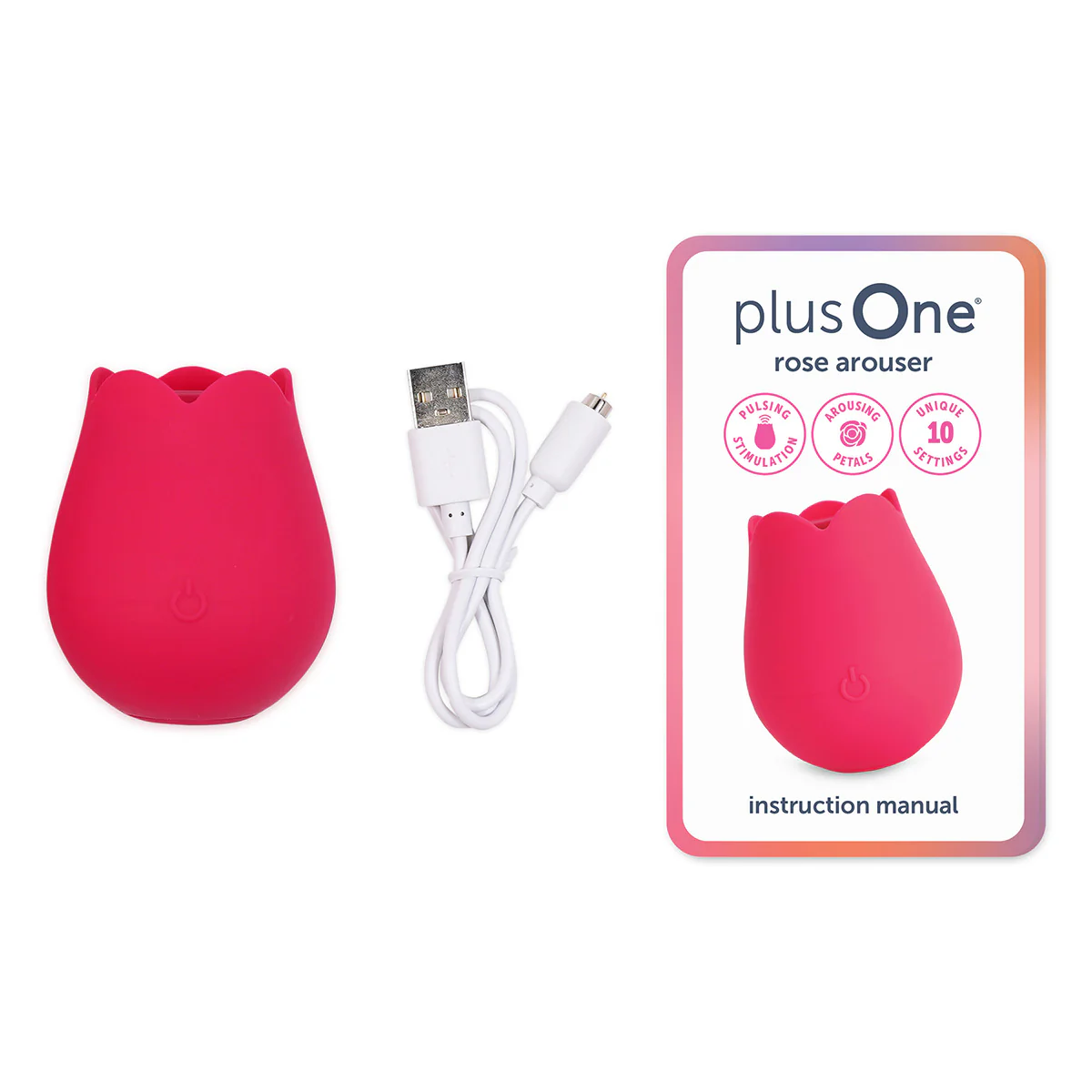 A pink rose-shaped clitoral stimulator with a USB charging cable and packaging.