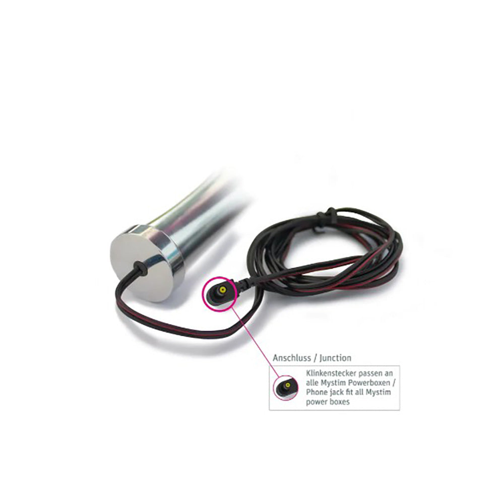 Aluminum E-Stim oval dildo with a black cable and junction connector.