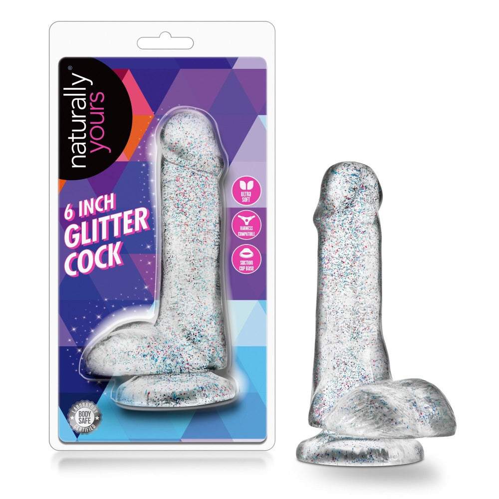 6-inch glitter TPE dildo with balls, clear shimmering shaft.