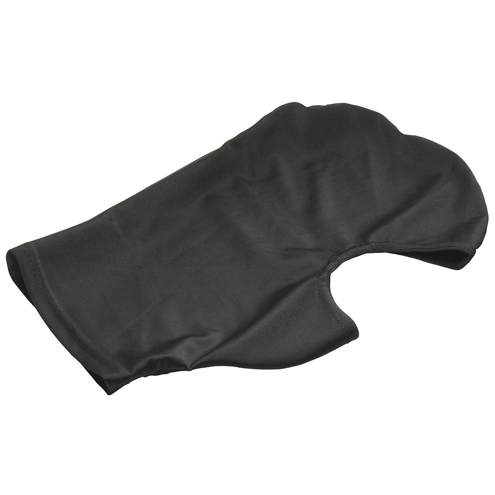 Black spandex hood with eye openings and a zipper back.