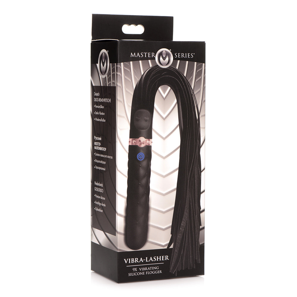 Black Vibra-Lasher 9X vibrating silicone dildo flogger on a box.
