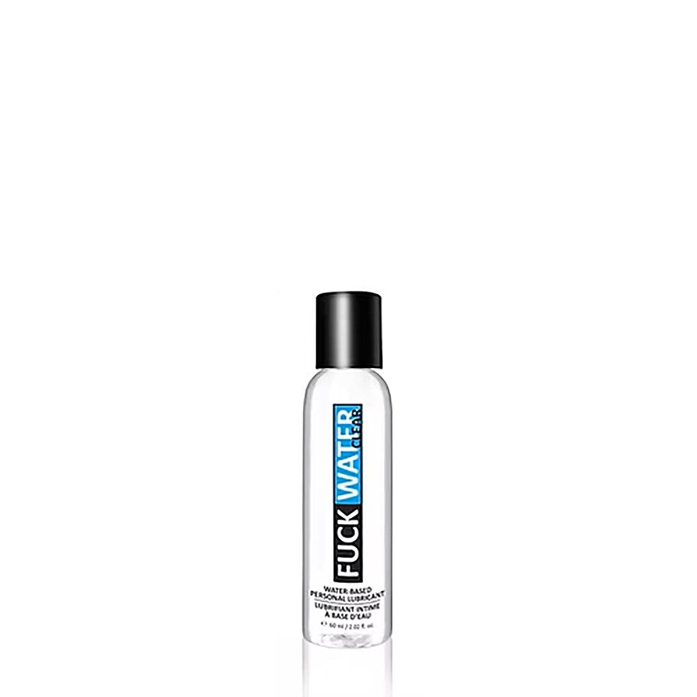 A clear bottle of FuckWater Clear water-based lubricant with a black cap.