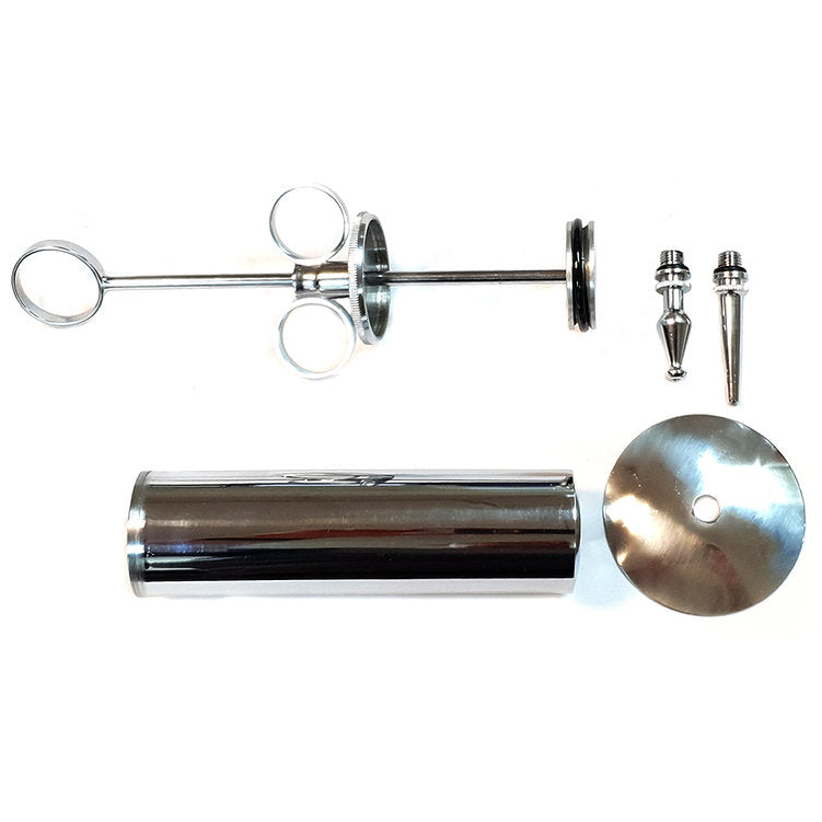 Stainless steel enema syringe with two tips and a cylinder.