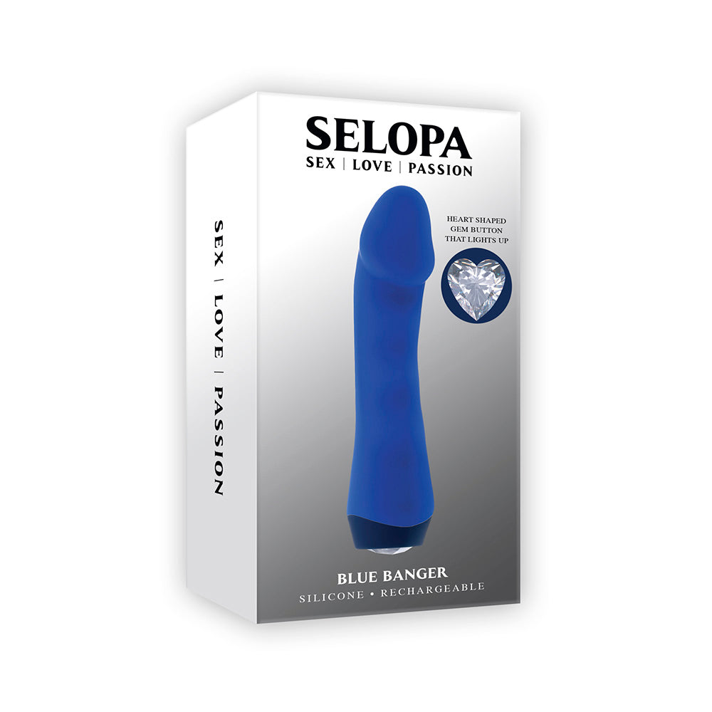 Blue Banger vibrator with heart-shaped gem button.