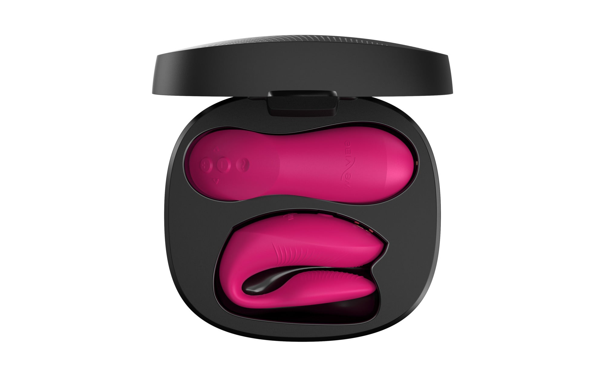 Pink Chorus Pro couples vibrator with haptic remote in a black case.