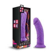 Purple 8-inch realistic silicone suction cup dildo in black box.