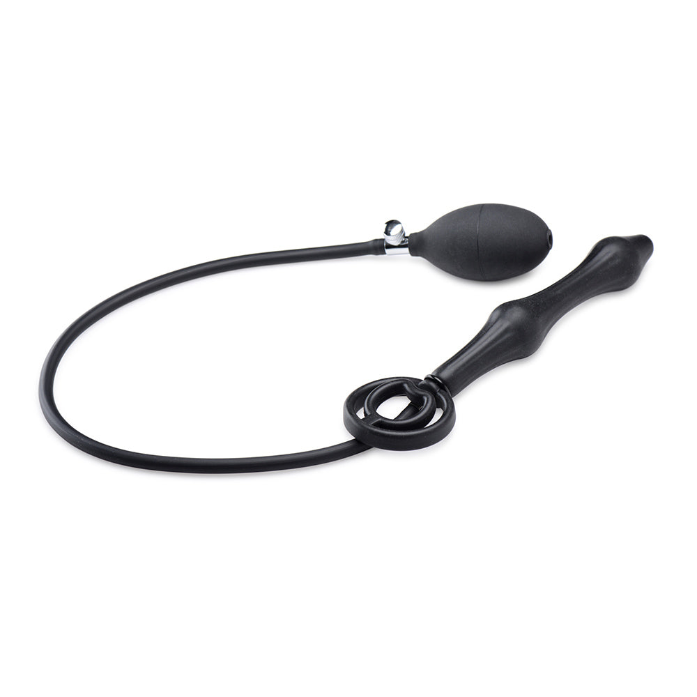Black inflatable anal plug with cock ring and hand pump.