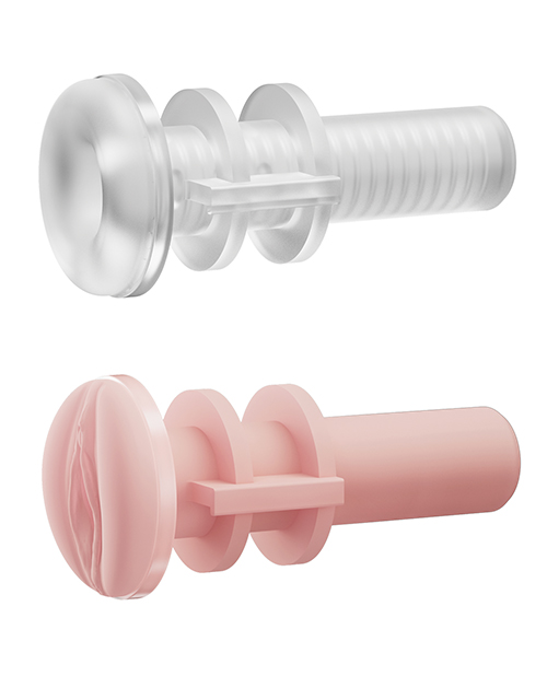 Two masturbators, one clear and one pink, with textured heads and ribbed shafts.