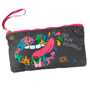 A gray pouch with a colorful mouth graphic and the text "GO FUN YOURSELF".