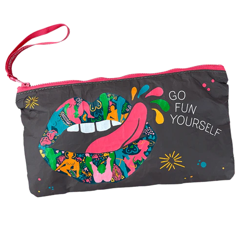A gray pouch with a colorful mouth graphic and the text "GO FUN YOURSELF".