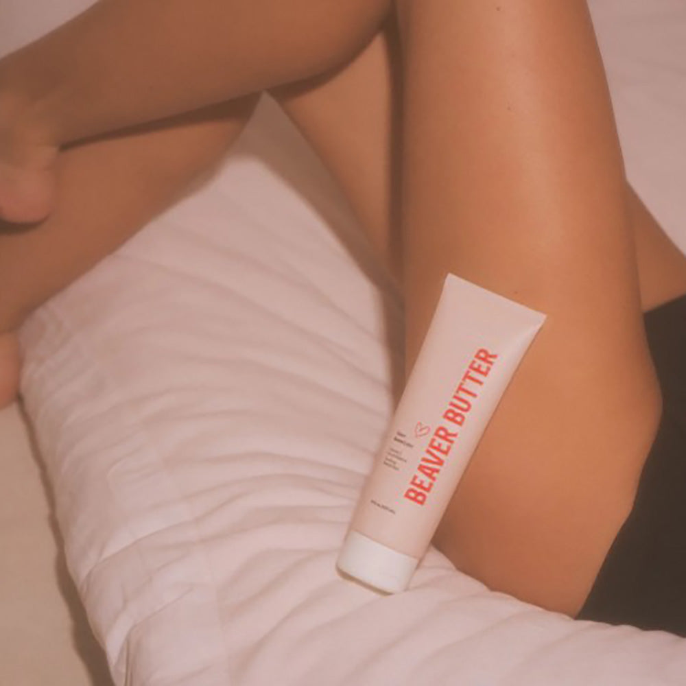 A tube of Beaver Butter water-based lube with aloe and hyaluronic acid.