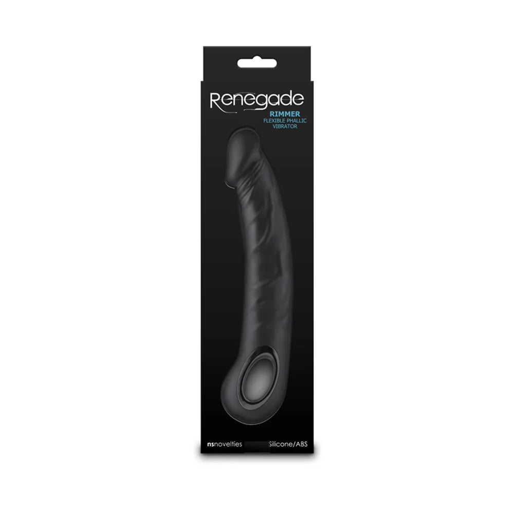 Black flexible silicone vibrator in packaging.