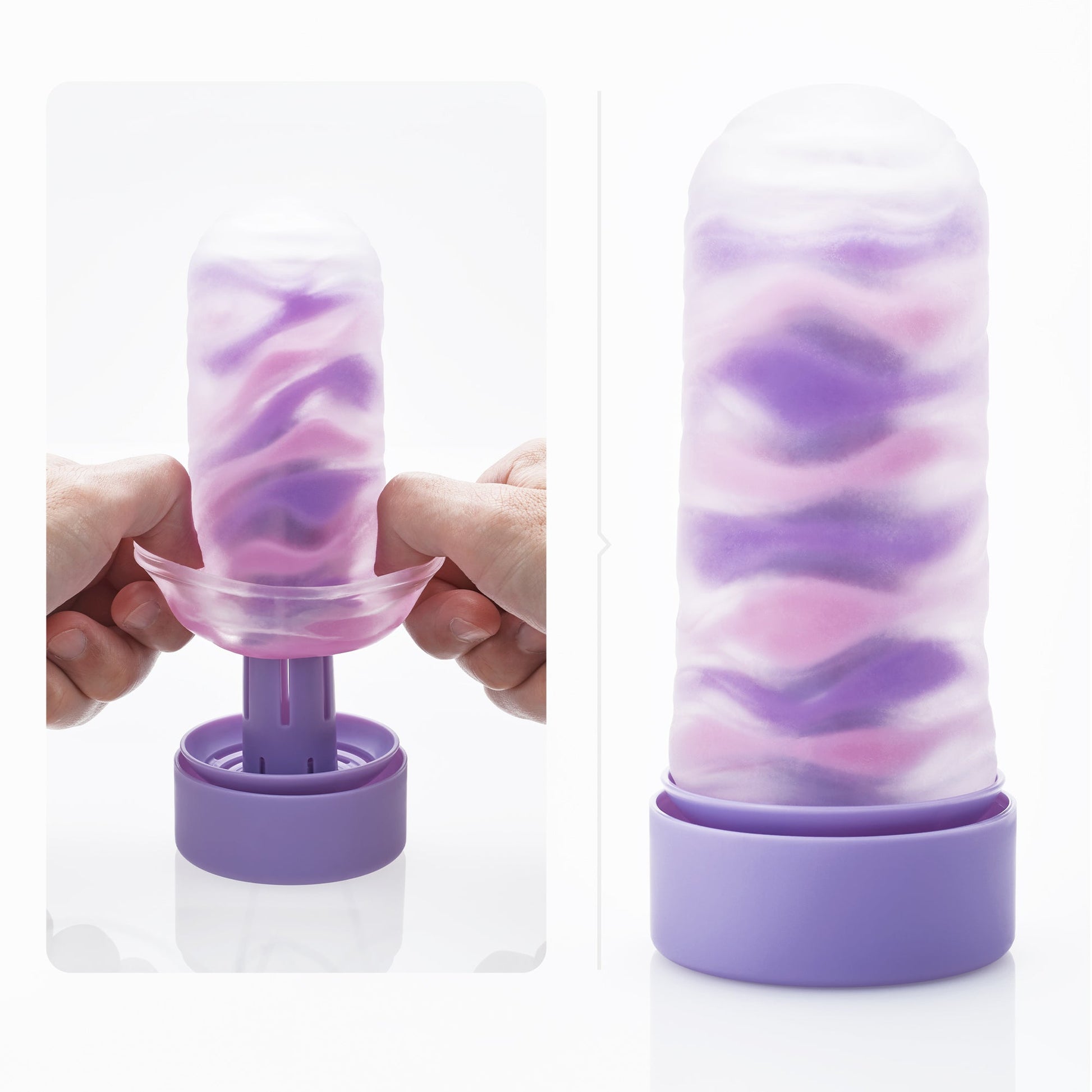 Tenga Arte Series Drape Soft Elastomer Male Masturbator with purple and pink swirls.