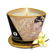 Vanilla massage candle with erotic art design and vanilla bean garnish.