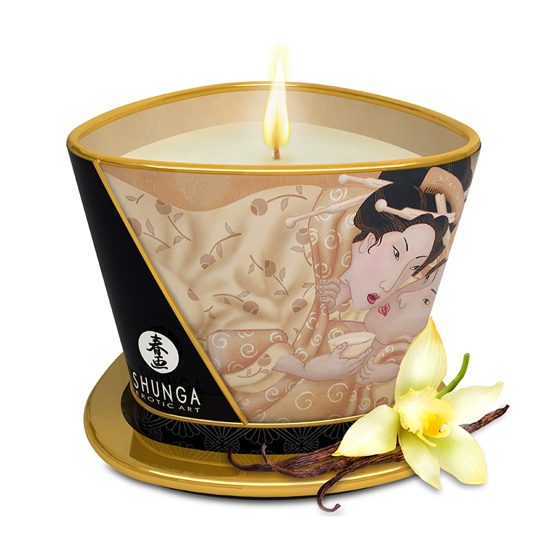 Vanilla massage candle with erotic art design and vanilla bean garnish.